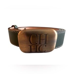 Carolina Herrera Dark Green Leather Belt with Antiqued Brass CH Buckle, Size 75.